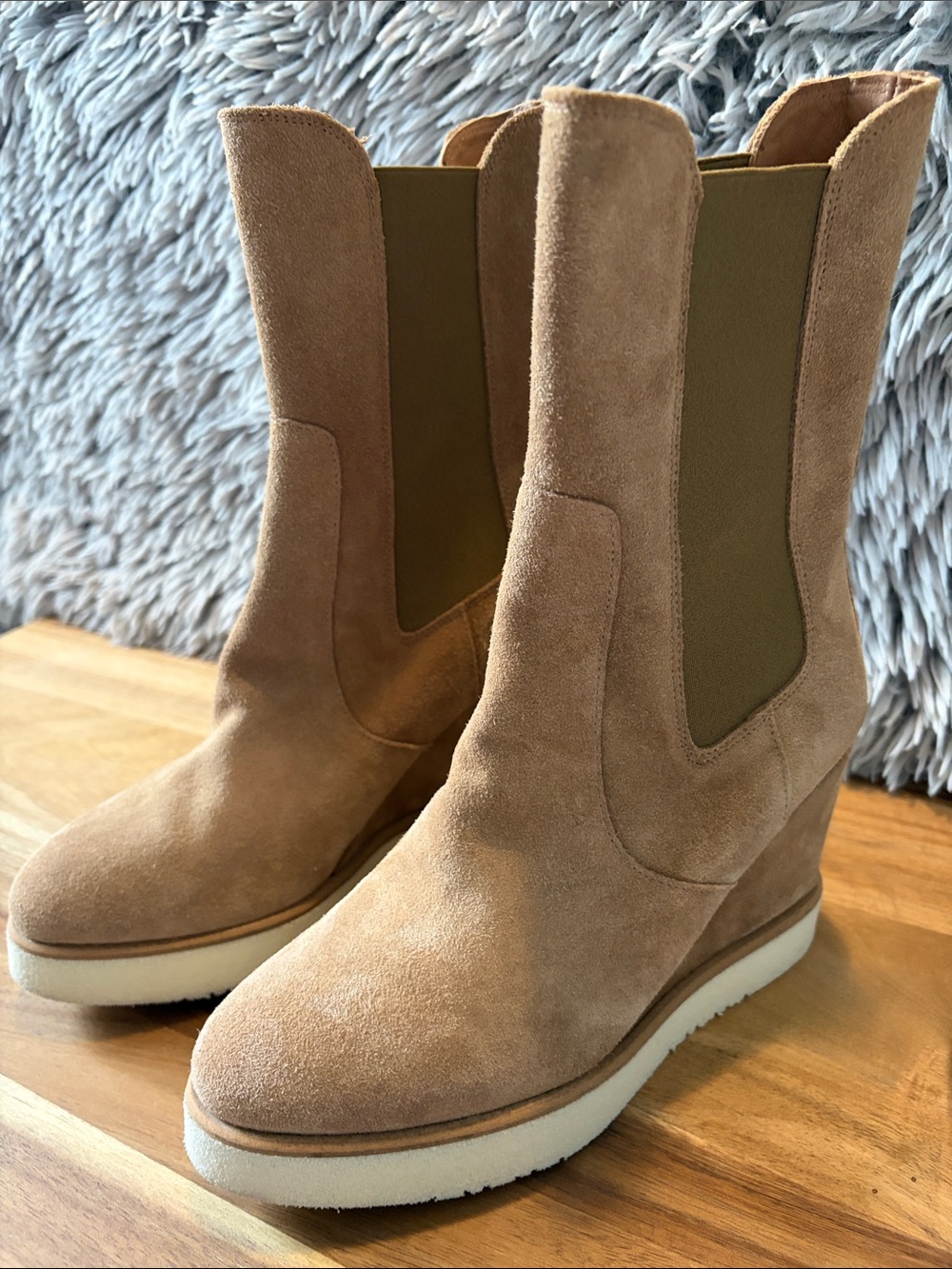 Suede Wedge Chelsea Boots in Tan - Stylish Everyday Lift